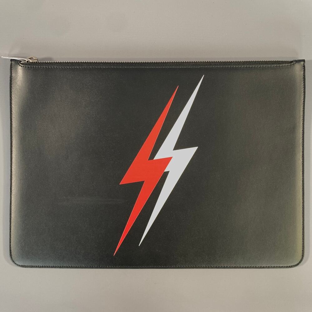 NEIL BARRETT SS2016 Black Red Lightning Bolt Leather Pouch Bag